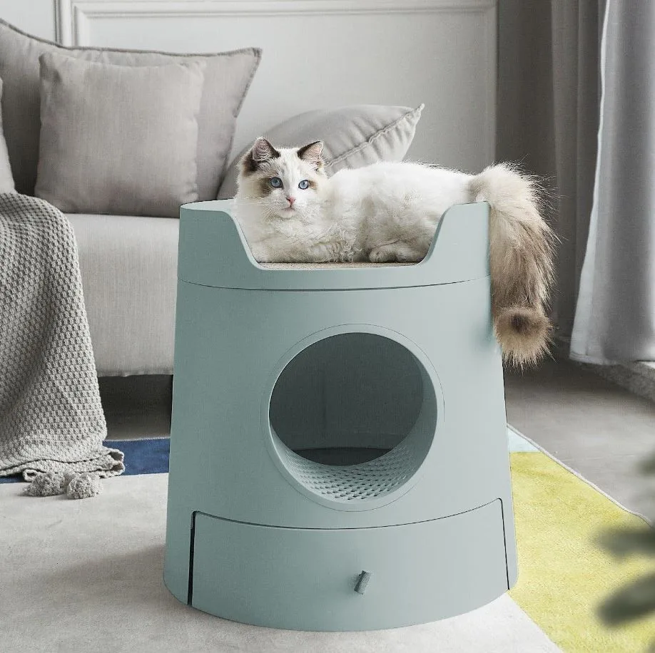 Michu XL Castle 2-in-1 Semi- Closed Cat Litter Box with Scratch Pad in Morandi Green