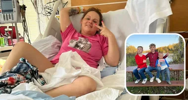 Mum of three Stormi is giving the peace sign from her hospital bed after a tree pierced her leg