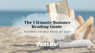 Woman reading book on beach with text overlaid saying the ultimate summer reading guide, featuring the best books of 2024