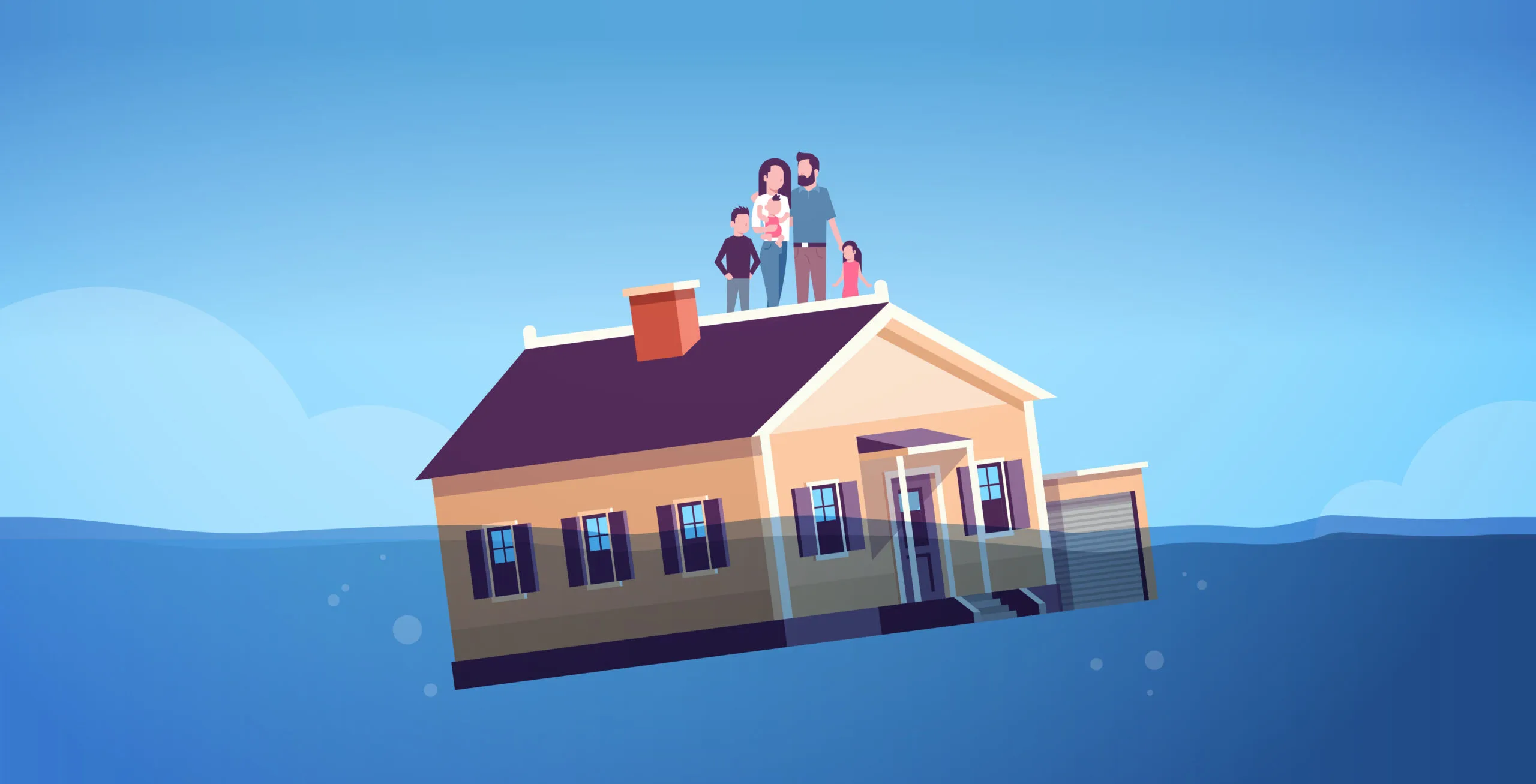 Artwork of a house in a flood with a family on the roof