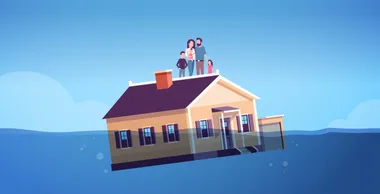 Artwork of a house in a flood with a family on the roof