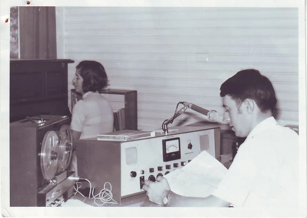 Teachers Mrs Hodder and Mr Ashton at the school of the air studio.