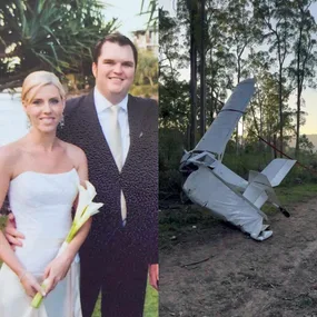 First pic: Quentin Carter and his wife Tamara on their wedding day. Second pic: the wreck of the plane.