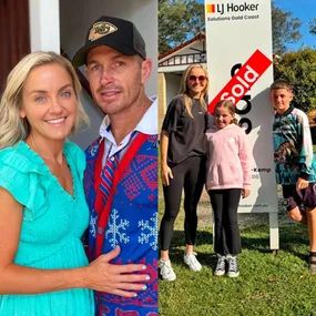 Two pictures side by side. The first picture is Sarah and her husband Laine. The second photo is Sarah and her daughter Lucy and son Coby outside with the Sold sign.