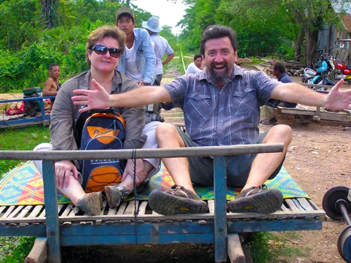 Image of couple on the Bamboo Railway in Cambodia