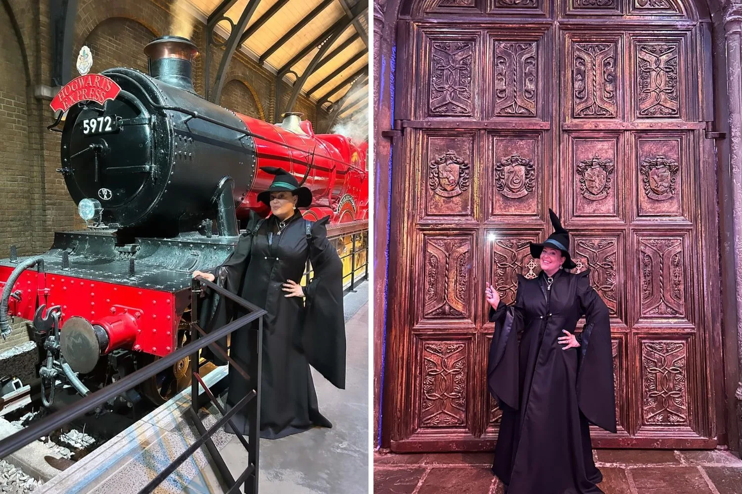 A picture of a woman dressed as a witch next to the Hogwarts Express train, and another picture of a woman dressed up as Professor McGonagall