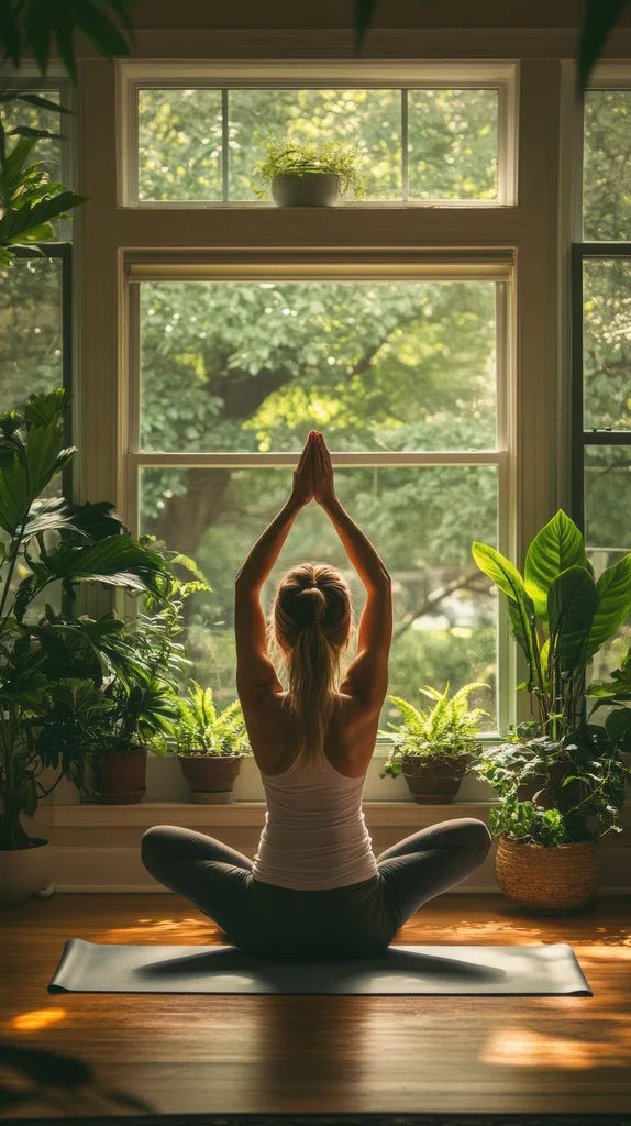 Woman in yoga pose surrounded by plants