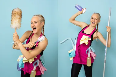 Two pictures side by side of Auri posing for the camera in her pink apron. She's holding cleaning products and smiling for the camera.