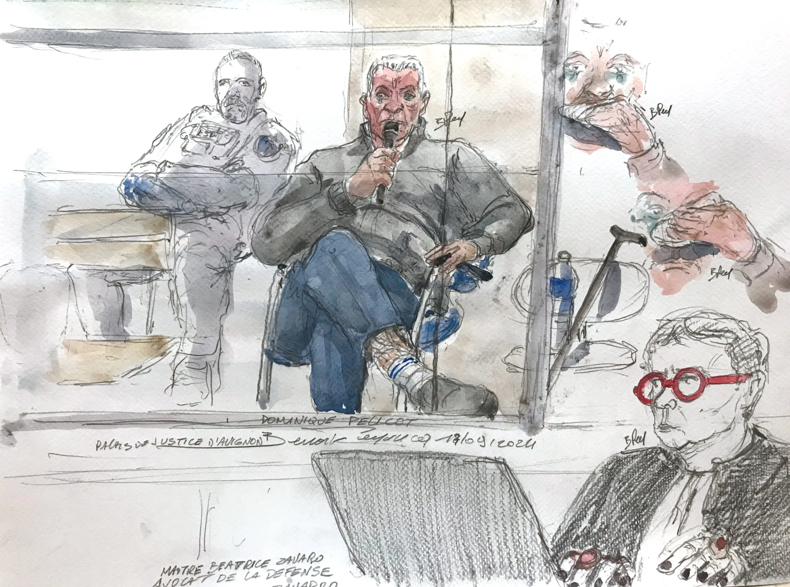 court sketch of dominique, husband of  Gisele Pelicots, at in court holding microphone in blue trousers with crossed legs