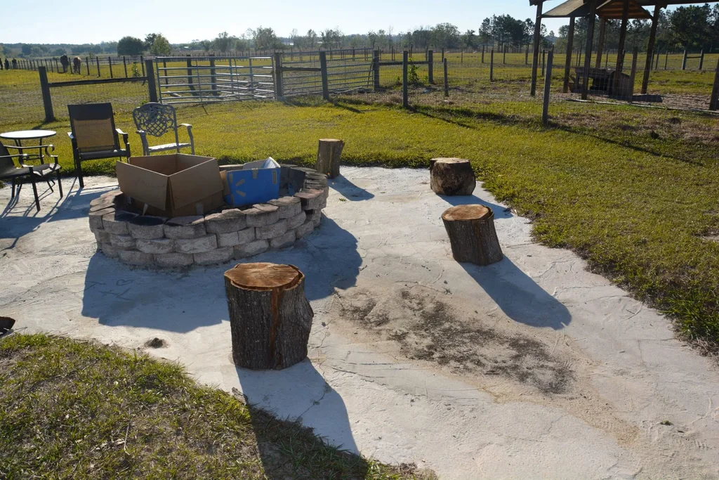 Image of backyard crime scene where Michael's remains were found. A number of wooden logs surround a fire pit.