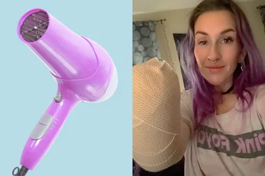 Image of hairdryer and woman post hand amputation