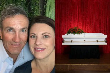 Image of a happy couple after find love in an unlikely place, a funeral
