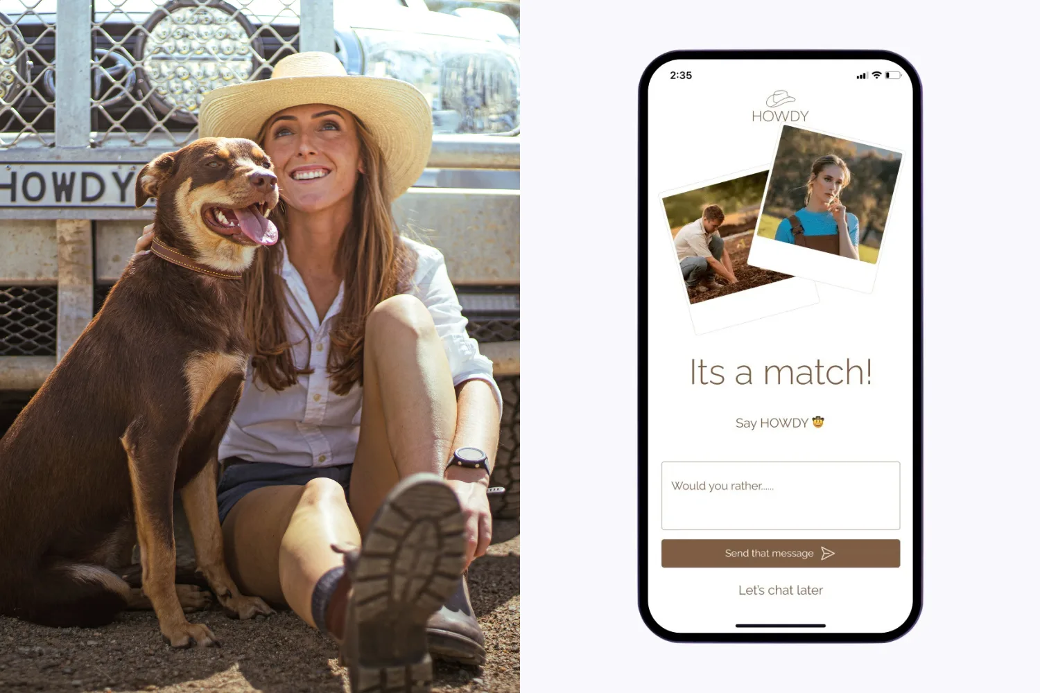 Image of woman and dog with dating app
