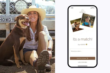 Image of woman and dog with dating app