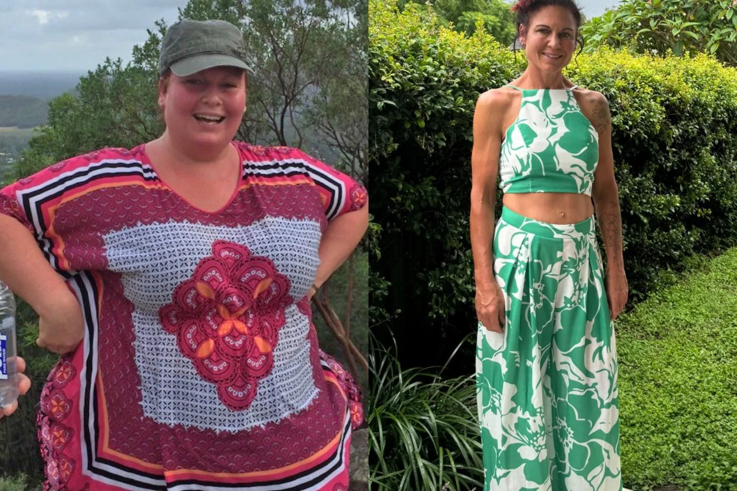 woman in red and white top wearing hat beside woman with a green and white top and trousers by a hedge outside.
