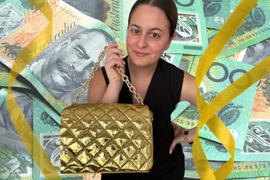 Background of $100 notes and Christina in the forefront holding a gold bag