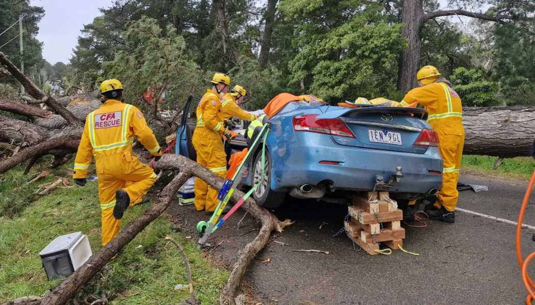 blue car crushed with emergency services working to free the man in the car
