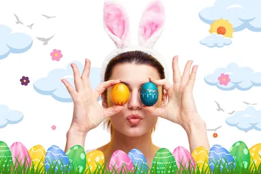 A fun Easter-themed collage. Woman is holding up Easter eggs to her eyes.