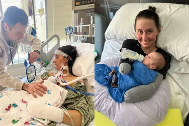 Image of mum recovering in hospital from septic shock and mum holding newborn with no arms