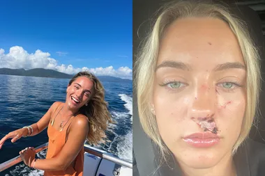 Image of woman smiling and image of woman glassed at the races