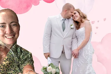 Left: Jennifer after her transplant Right: Jennifer and Travis on their wedding day