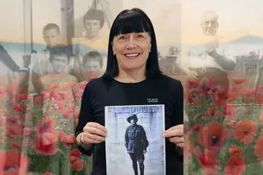 A collage of family photos against a field of poppies. In the front is a portrait of Kerry photo of her grandfather.