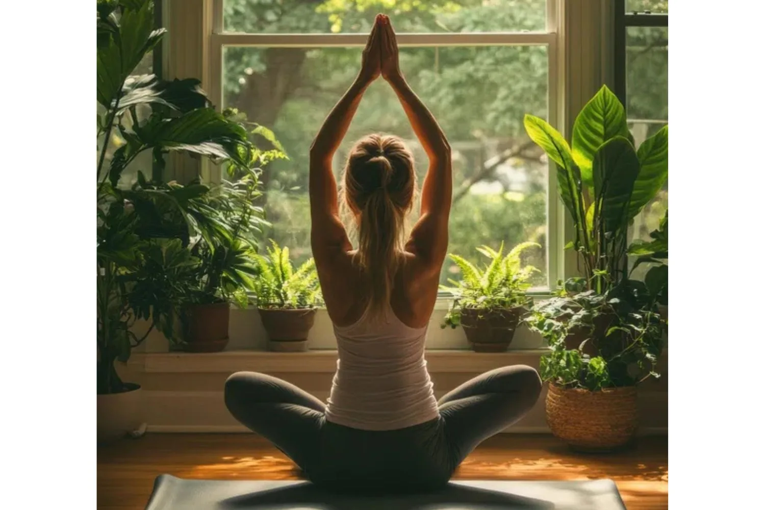Woman doing yoga pose surrounded by plants