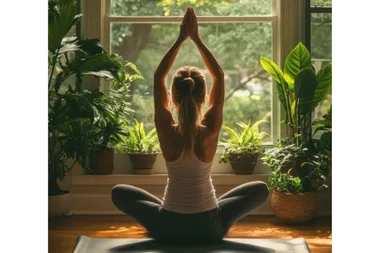 Woman doing yoga pose surrounded by plants