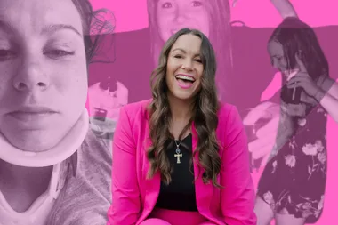 A black and pink collage of Libby before sobriety, and a main pic in the forefront where she is sober and smiling