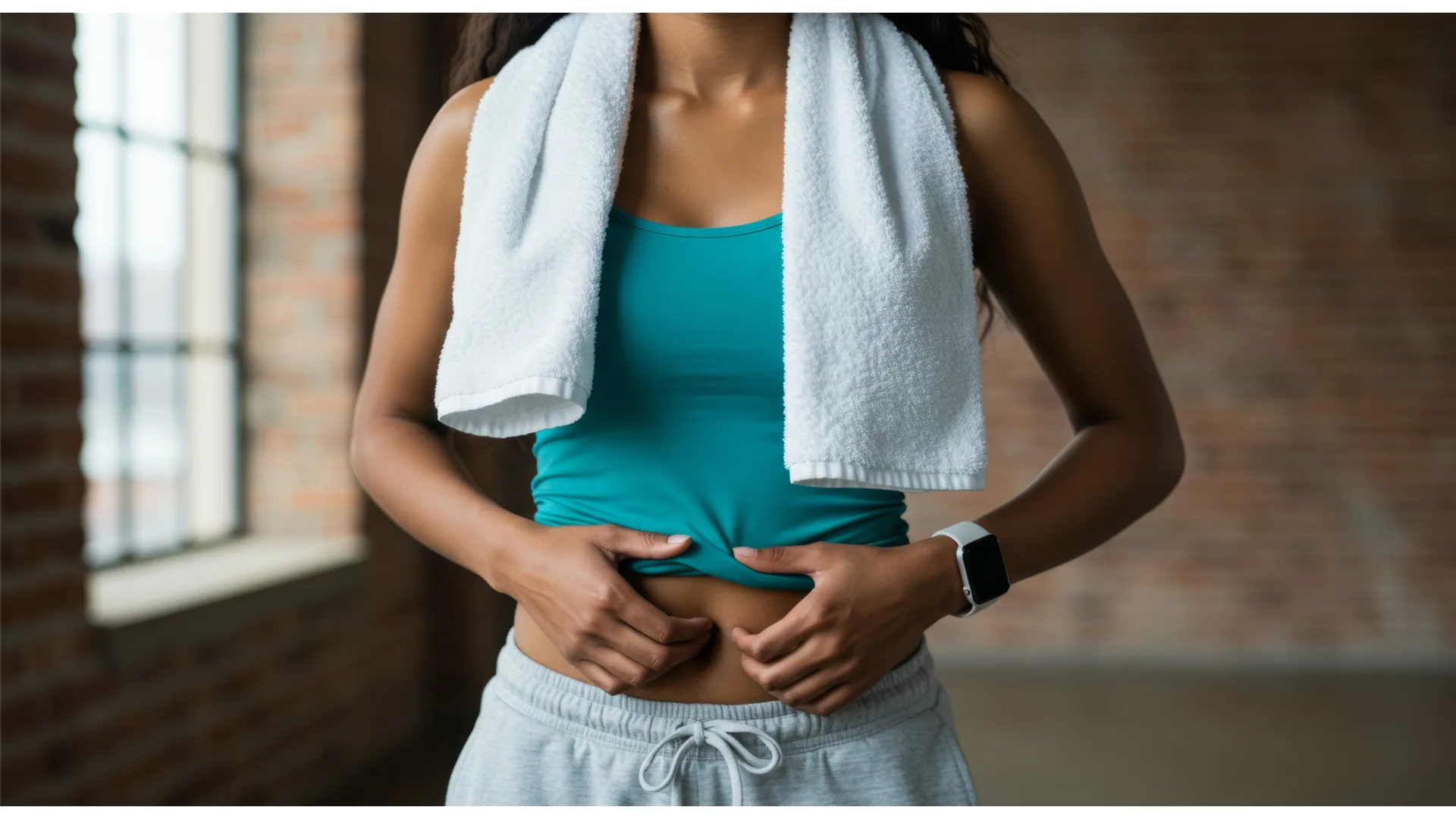 A woman presses her stomach after a workout.