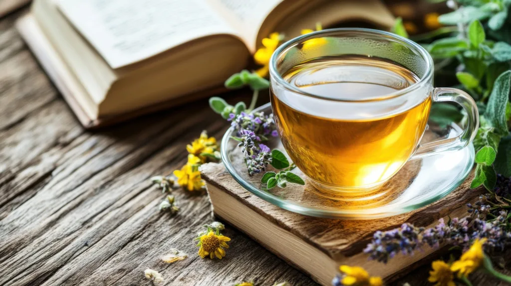 Journal and herbal tea on wooden table, minimalist daily self-care concept