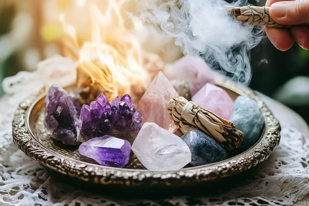 Witchy wellness hack: peaceful of healing stones and spiritual healing stones arrangement of crystals and a smudge stick, often used for energy cleansing, meditation, or rituals.