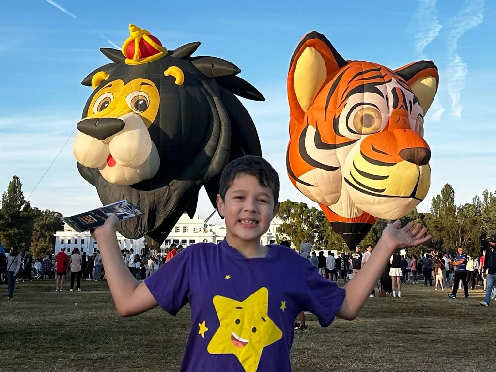boy in purple top with star on holding two tiger balloons