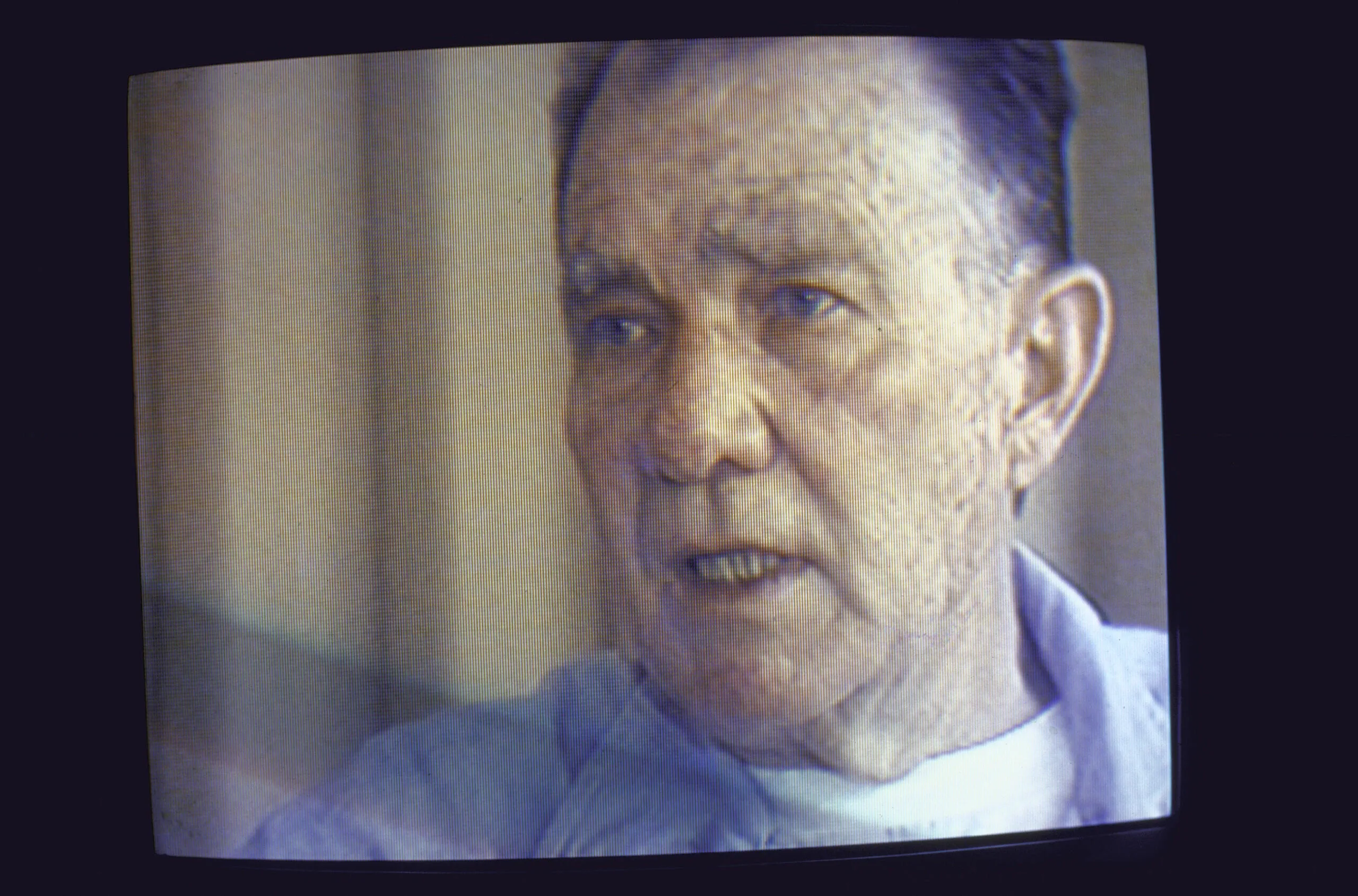 A close-ups of convicted rapist Lawrence Singleton taken from a TV screen as he appears in a KPIX news interview after his parole having served 8 of his 14 year sentence.