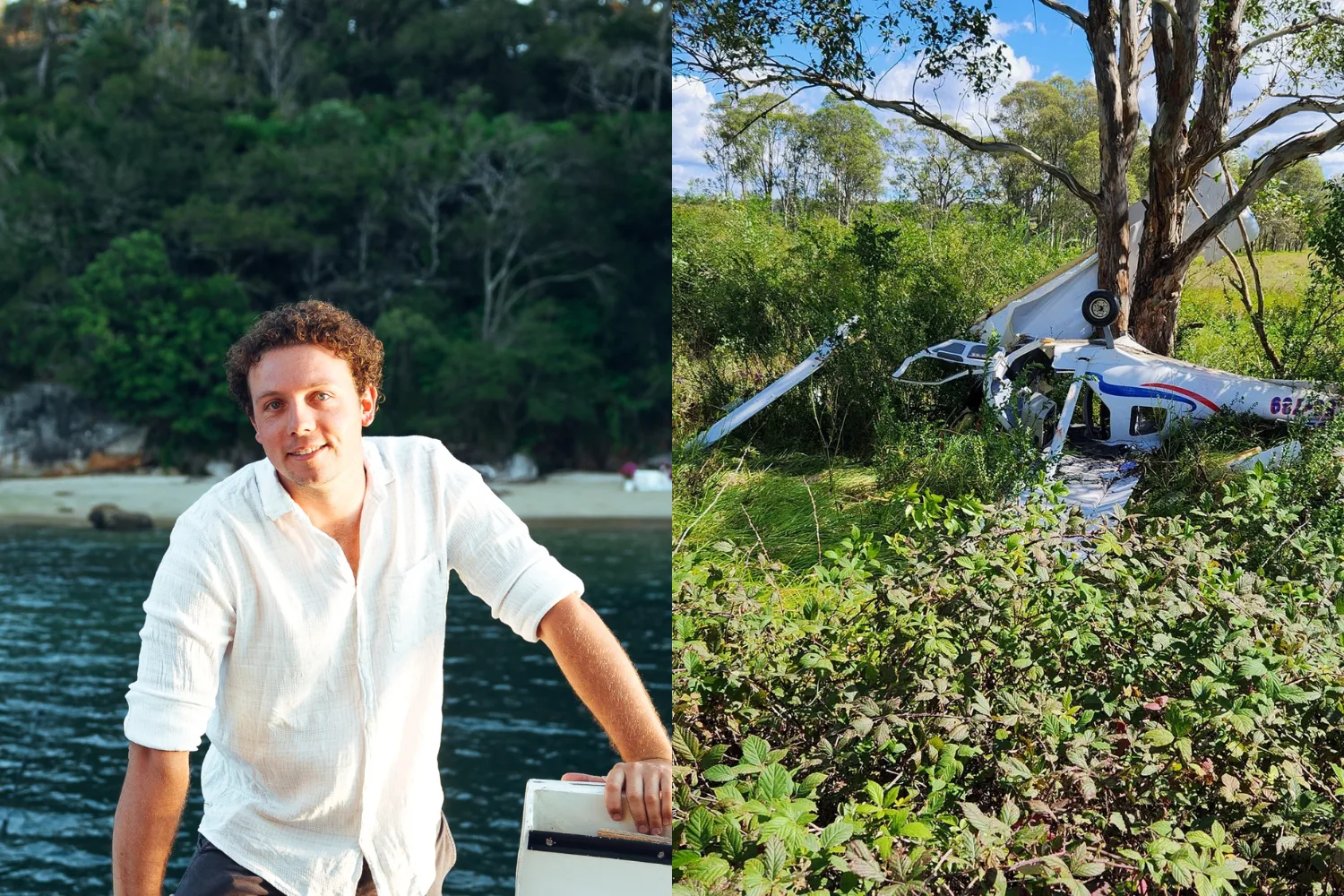 Header image, man wearing white shirt and plane crash wreckage