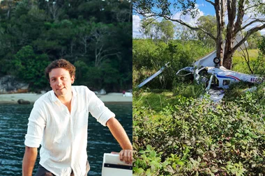 Header image, man wearing white shirt and plane crash wreckage