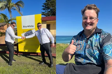 Image of man shaking hands with real estate after buying first home. Another image of man wearing blue shirt, reading glasses and thumbs up.
