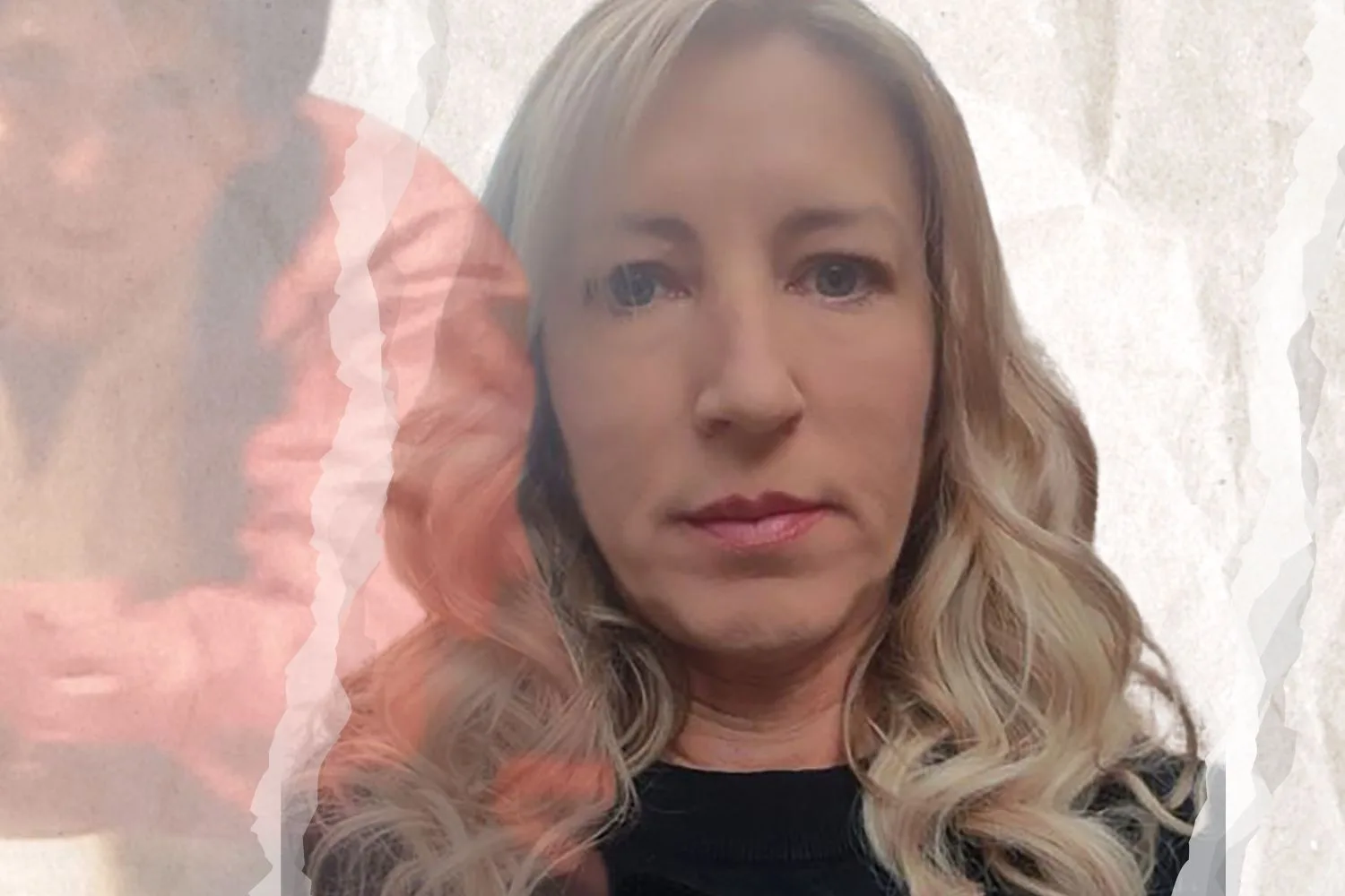 A collage including a picture of Jeffrey Thomas Brant from the 1980s and a recent picture of Kylie Bailey. The pictures are at the forefront of a background of crumpled paper and there are two paper tears.
