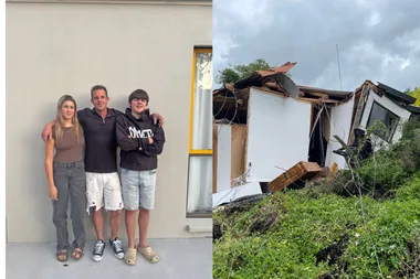 mand black top and white shorts boy in jean shorts and black top and girl in brown top and grey jeans and a house demolished in front of grass