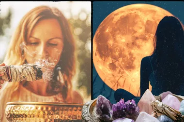 A collage of a woman burning a sage stick, a woman sitting down and looking at the full moon, and some crystals