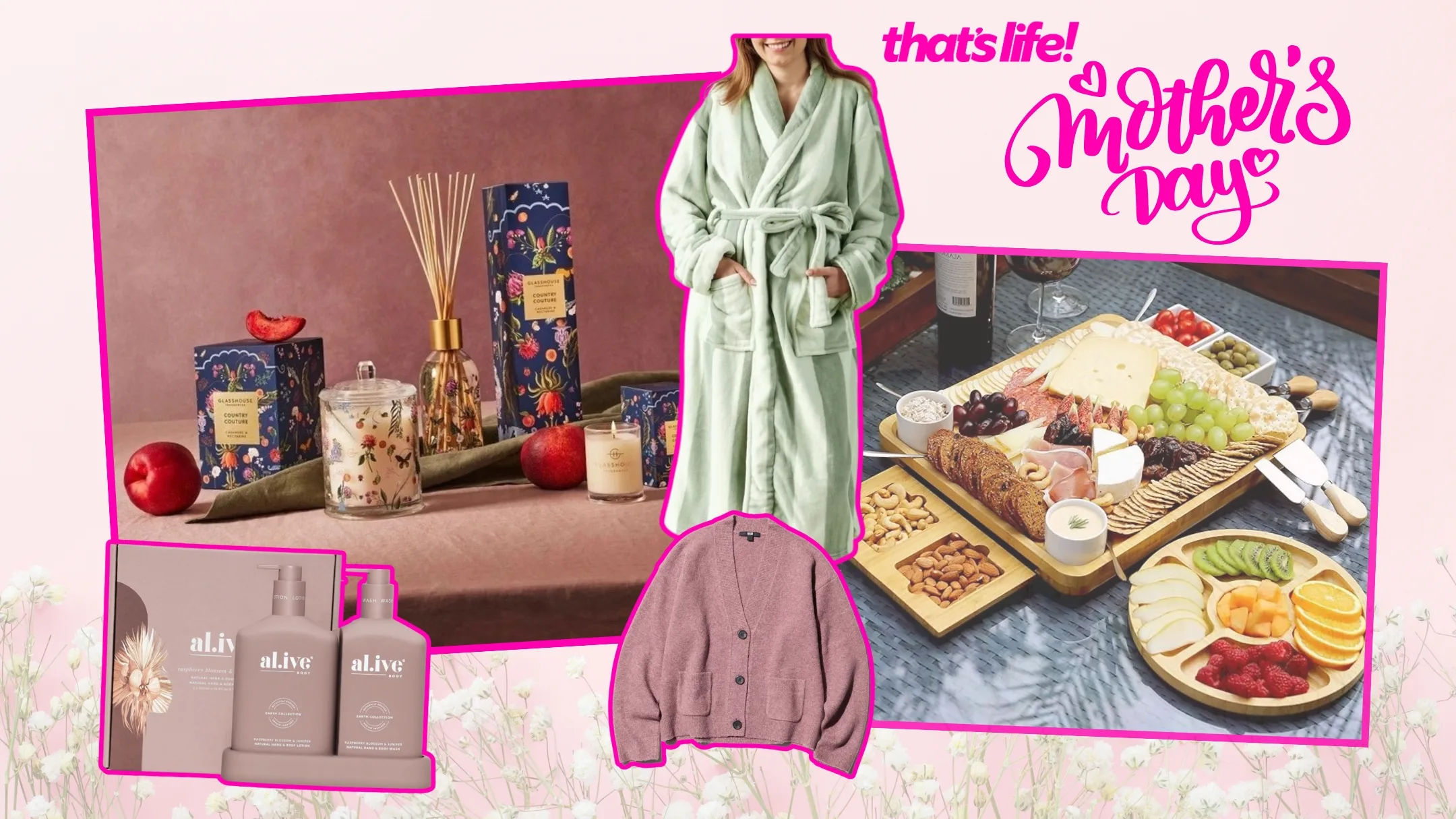 Collection of gift ideas for mother's day on a pink background with that's life! logo. Robe, cardigan, cheeseboard, candle and body wash