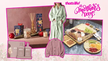 Collection of gift ideas for mother's day on a pink background with that's life! logo. Robe, cardigan, cheeseboard, candle and body wash