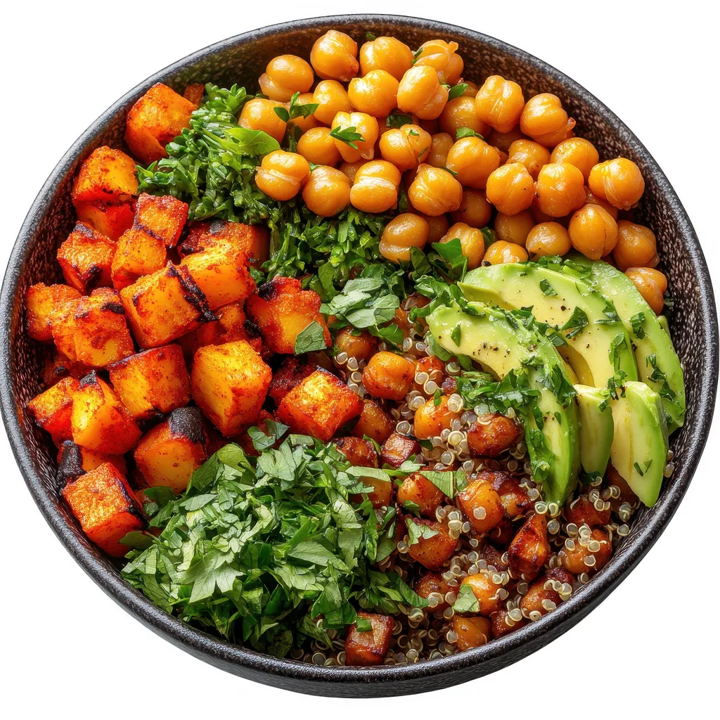 Bowl of chickpeas, avocado, quinoa, coriander and baked pumpkin