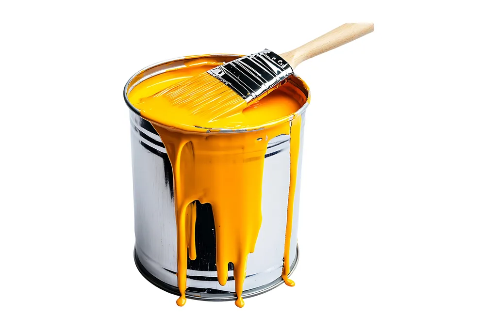Bucket of yellow paint with paintbrish on top