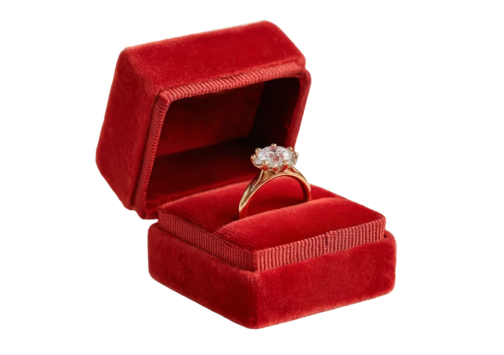 Yellow gold ring with large diamond in red velvet ring box