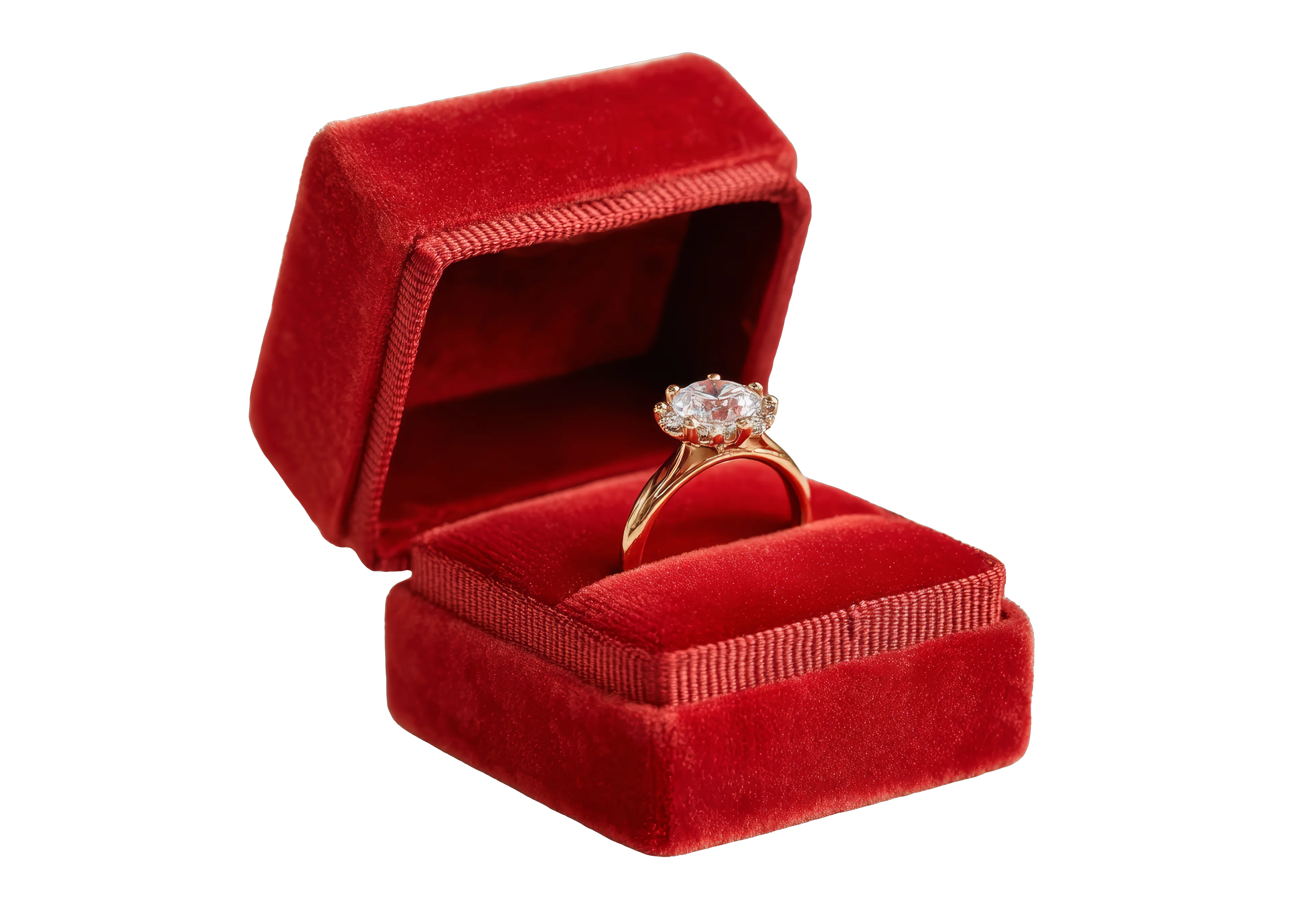 Yellow gold ring with large diamond in red velvet ring box