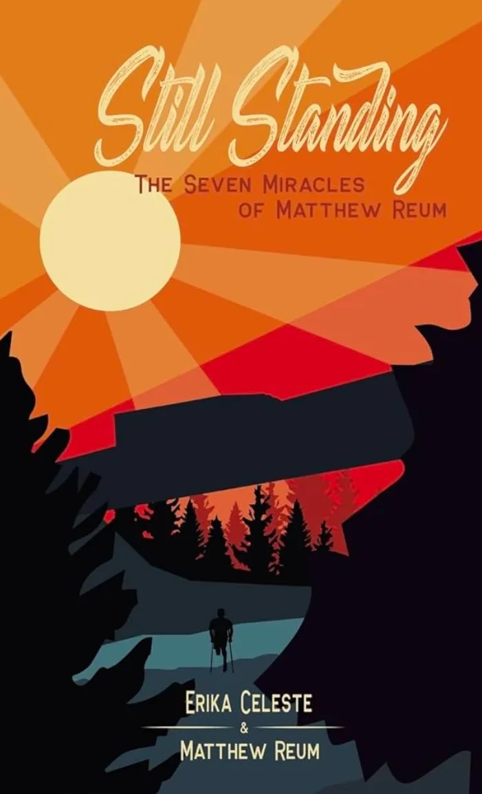Artwork of a sun against a red sky and shadow trees in front.