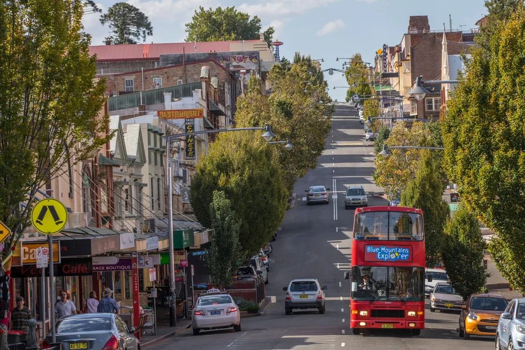 The Blue Mountains Explorer bus passing through Katoomba.