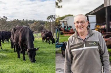 A collage of a man and his farm. On the left side is a picture of some cows, and on the right side is a portrait of a man smiling at the camera as he stands outside.