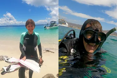 Image of scuba diving woman standing on the beach and swimming in the water